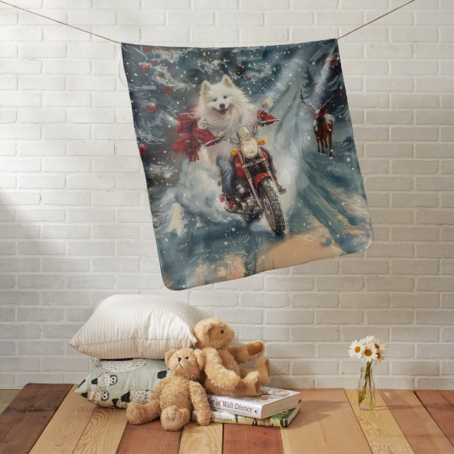 American Eskimo Dog Riding Motorcycle Christmas  Baby Blanket (In Situ)