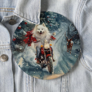 American Eskimo Dog Riding Motorcycle Christmas Button