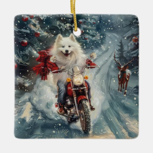 American Eskimo Dog Riding Motorcycle Christmas  Ceramic Ornament