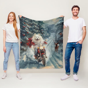 American Eskimo Dog Riding Motorcycle Christmas Fleece Blanket