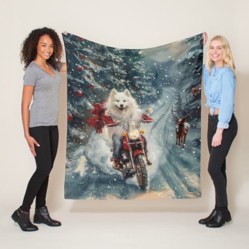 American Eskimo Dog Riding Motorcycle Christmas  Fleece Blanket