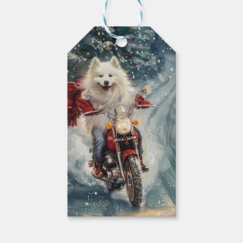 American Eskimo Dog Riding Motorcycle Christmas  Gift Tags