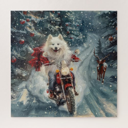 American Eskimo Dog Riding Motorcycle Christmas  Jigsaw Puzzle