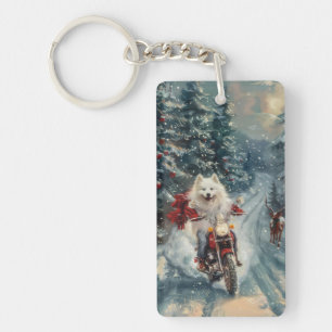 American Eskimo Dog Riding Motorcycle Christmas Keychain