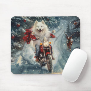 American Eskimo Dog Riding Motorcycle Christmas Mouse Pad
