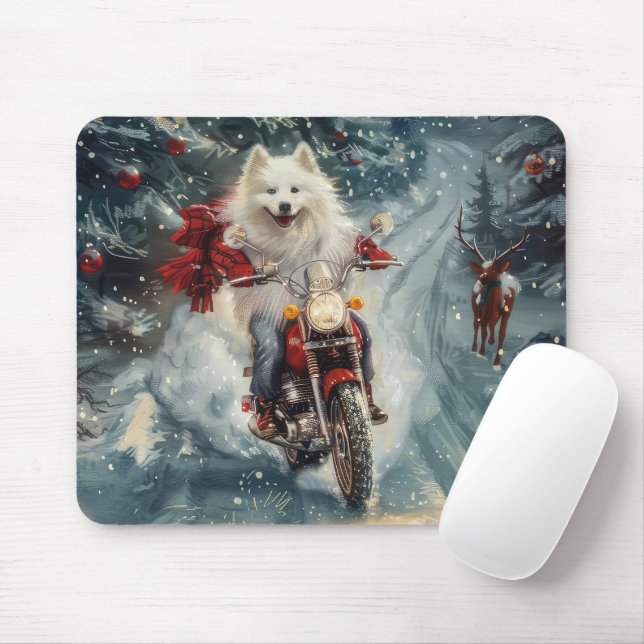 American Eskimo Dog Riding Motorcycle Christmas  Mouse Pad (With Mouse)