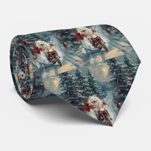 American Eskimo Dog Riding Motorcycle Christmas  Neck Tie