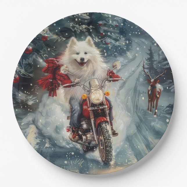 American Eskimo Dog Riding Motorcycle Christmas  Paper Plates (Front)