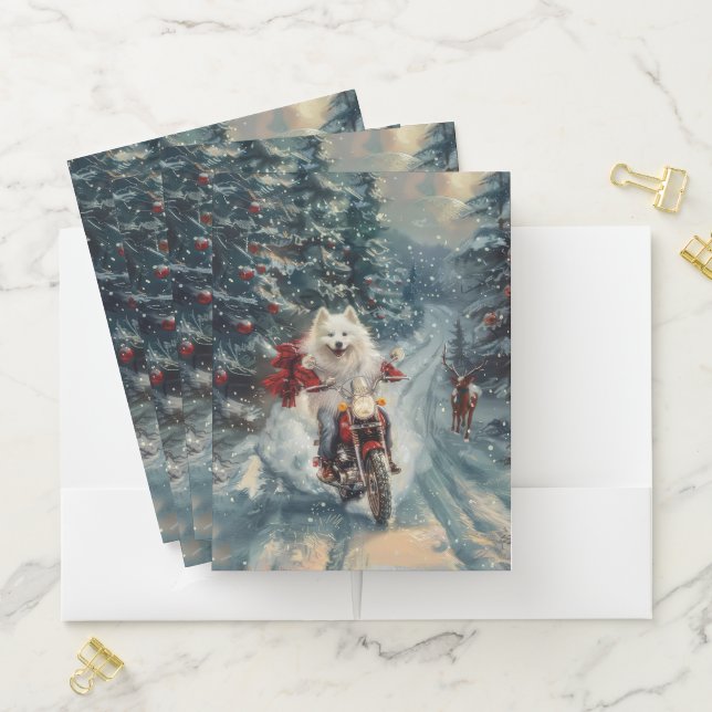 American Eskimo Dog Riding Motorcycle Christmas  Pocket Folder (In Situ)