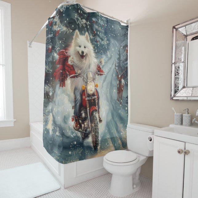 American Eskimo Dog Riding Motorcycle Christmas  Shower Curtain (In Situ)