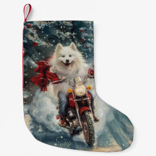 American Eskimo Dog Riding Motorcycle Christmas  Small Christmas Stocking