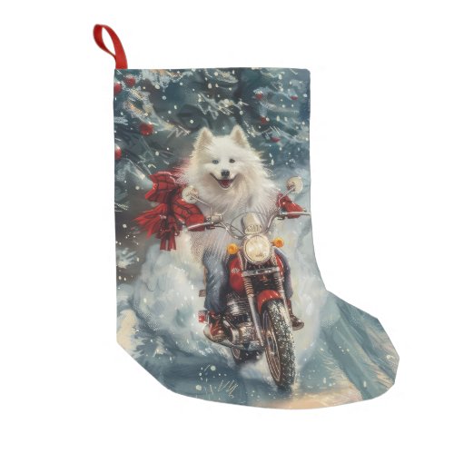 American Eskimo Dog Riding Motorcycle Christmas  Small Christmas Stocking