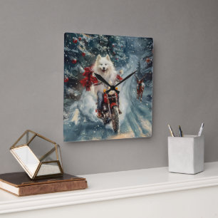 American Eskimo Dog Riding Motorcycle Christmas  Square Wall Clock