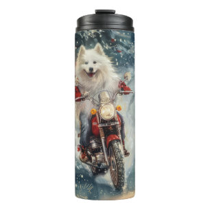 American Eskimo Dog Riding Motorcycle Christmas Thermal Tumbler