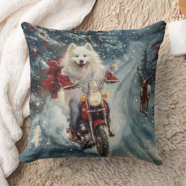 American Eskimo Dog Riding Motorcycle Christmas  Throw Pillow (Blanket)