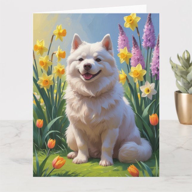 American Eskimo Dog Spring Flowers Painting Card (Small Plant)