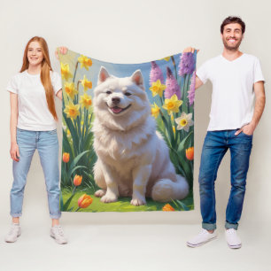 American Eskimo Dog Spring Flowers Painting Fleece Blanket