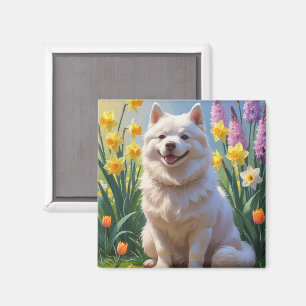 American Eskimo Dog Spring Flowers Painting Magnet