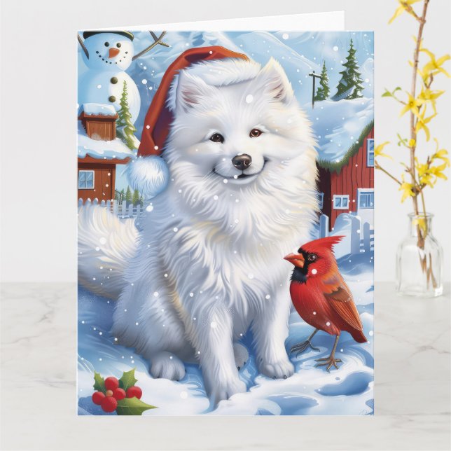American Eskimo Dog Winter Wonderland Christmas  Card (Yellow Flower)