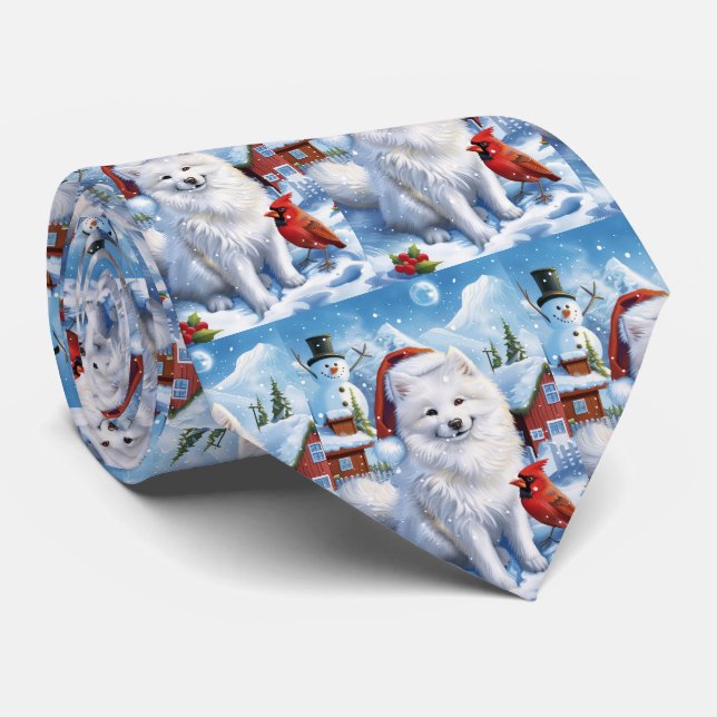 American Eskimo Dog Winter Wonderland Christmas  Neck Tie (Rolled)