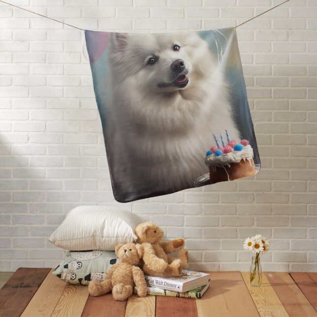 American eskimo dog with balloons birthday baby blanket (In Situ)