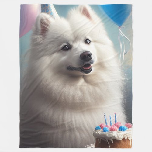 American eskimo dog with balloons birthday fleece blanket