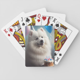 American eskimo dog with balloons birthday playing cards
