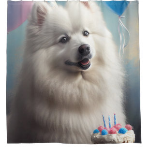 American eskimo dog with balloons birthday shower curtain