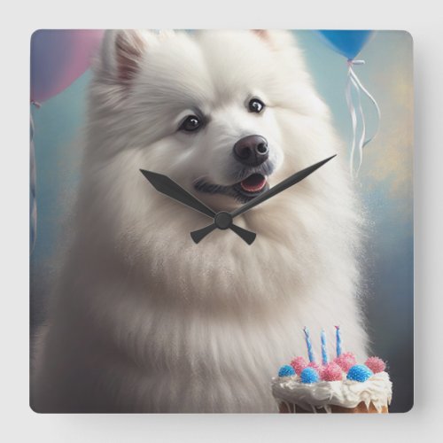 American eskimo dog with balloons birthday square wall clock