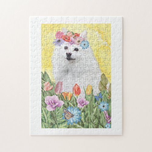 American Eskimo Dog with Flowers Spring Jigsaw Puzzle