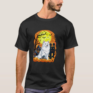 American Eskimo Dog With Pumpkin Funny Scary Hallo T-Shirt