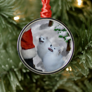 American Eskimo Dog With Santa Christmas  Metal Ornament