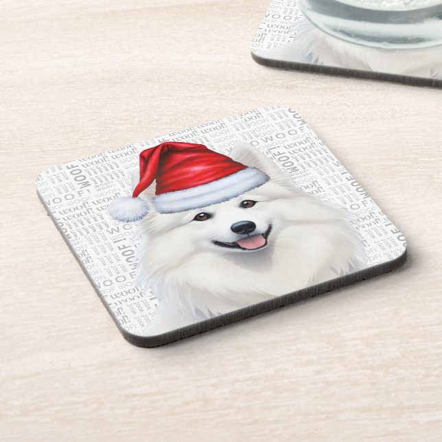 American Eskimo Dog Woof Word Art Holiday Beverage Coaster (Left Side)