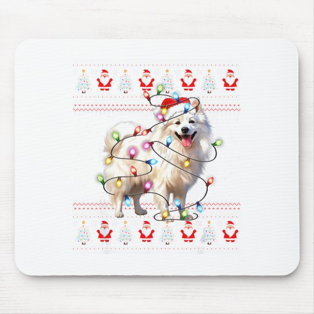 American Eskimo Dog Xmas Lights Ugly Sweater Chris Mouse Pad (Front)