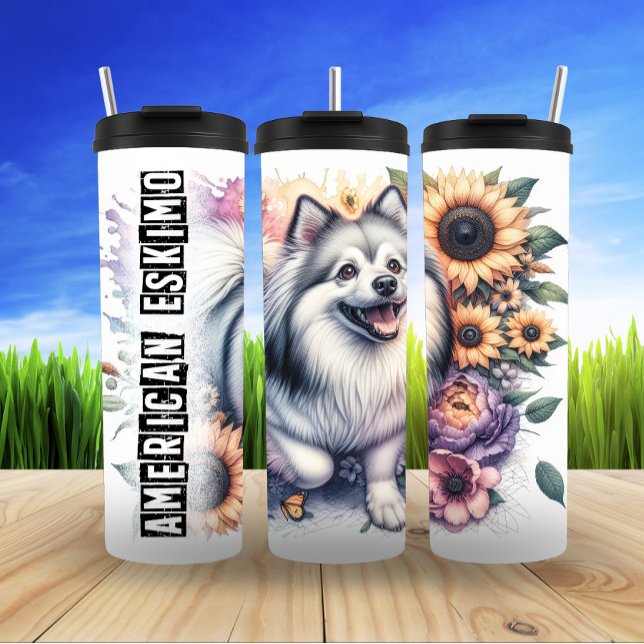 American Eskimo Dog's Joyful Bloom Thermal Tumbler (Creator Uploaded)