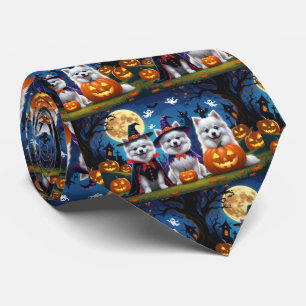 American Eskimo Dogs Pumpkin Halloween Funny Neck Tie