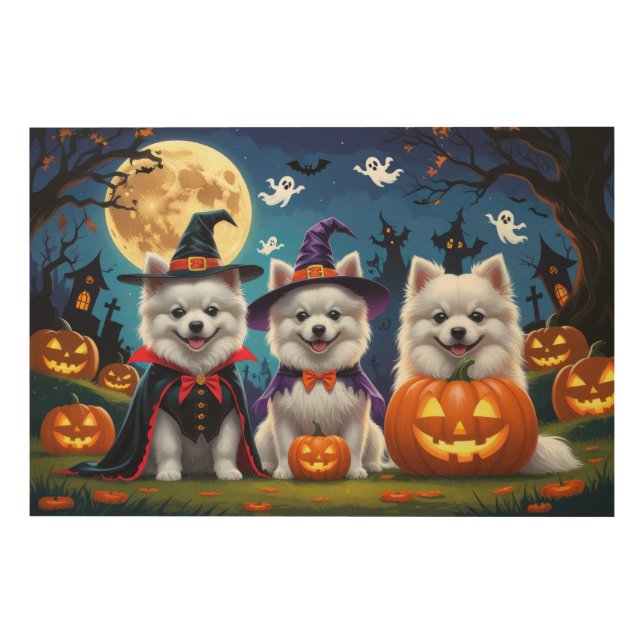 American Eskimo Dogs Pumpkin Halloween Funny Wood Wall Art (Front)