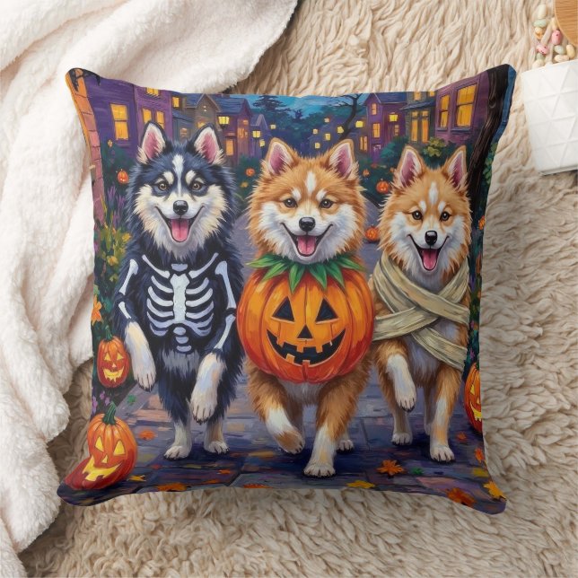 American Eskimo Dogs Trick-or-Treating Halloween Throw Pillow (Blanket)