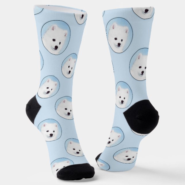 American Eskimo Eskie Puppy Painting Cute Dog Art  Socks (Angled)