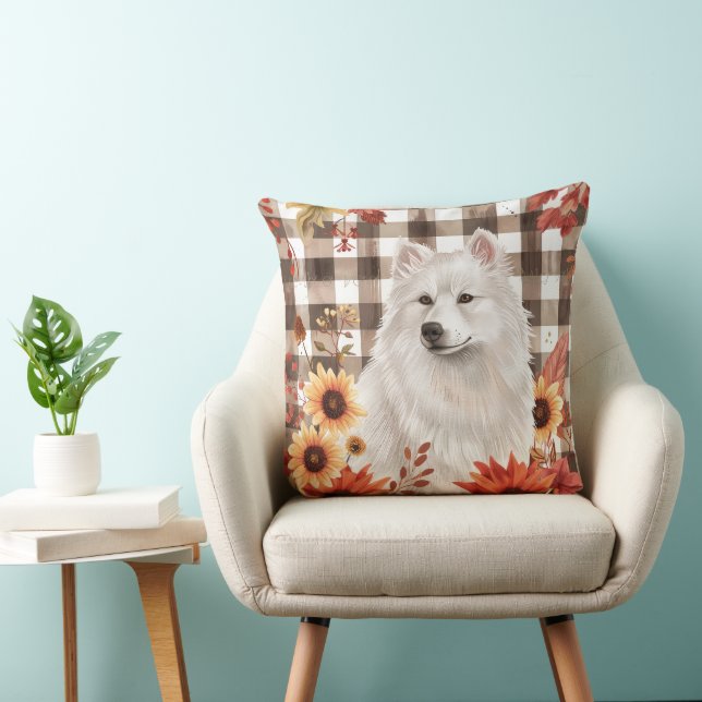 American Eskimo Fall Watercolor Flowers Throw Pillow (Chair)