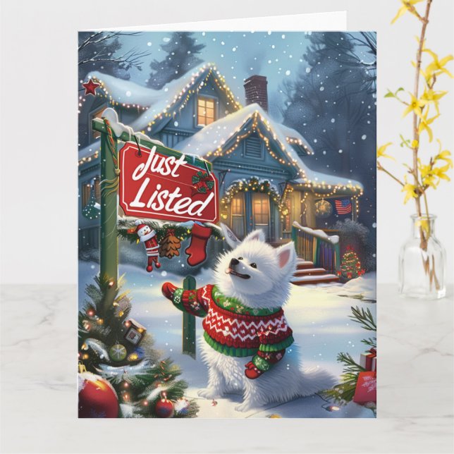 American Eskimo Festive Humor Realtor Christmas Card (Yellow Flower)