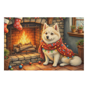 American Eskimo Fireplace with Christmas Lights Wood Wall Art