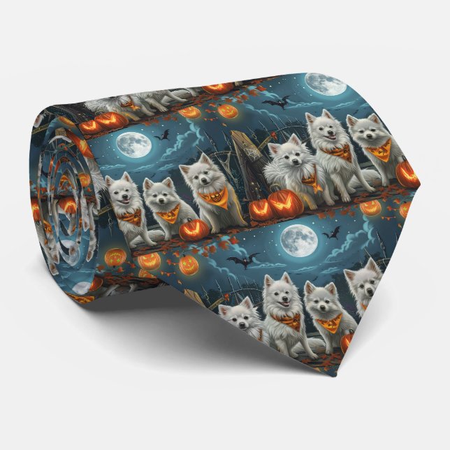 American Eskimo Halloween Spooky  Neck Tie (Rolled)