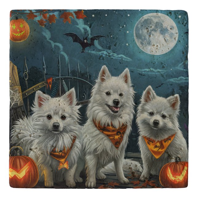 American Eskimo Halloween Spooky  Trivet (Front)