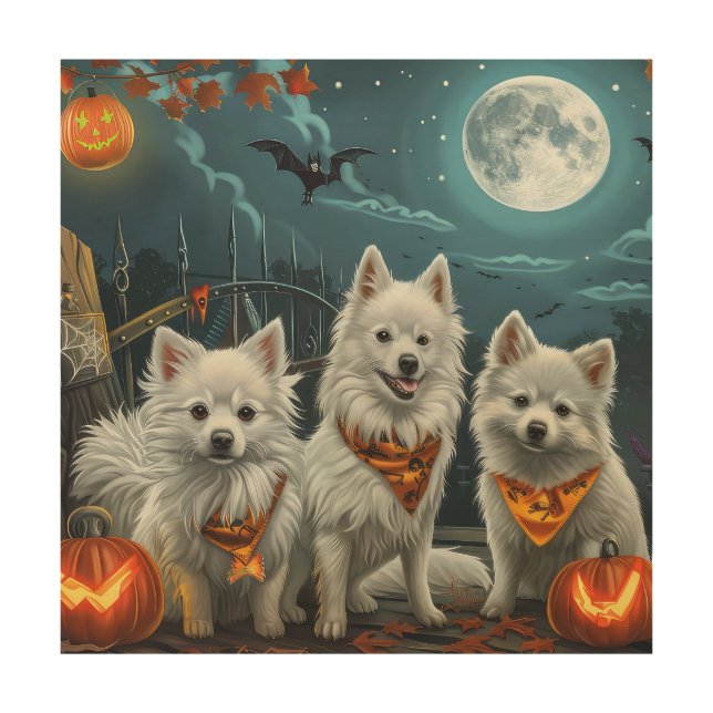 American Eskimo Halloween Spooky  Wood Wall Art (Front)