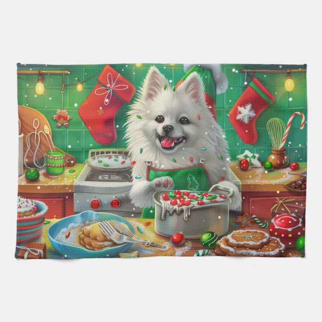 American Eskimo Holiday Baking: Festive Christmas Kitchen Towel (Horizontal)