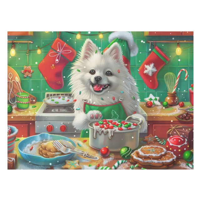American Eskimo Holiday Baking: Festive Christmas Tablecloth (Front (Horizontal))