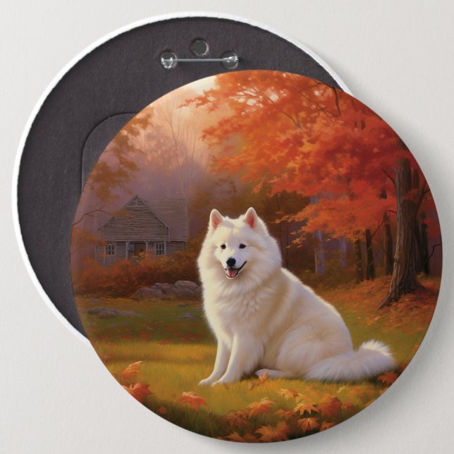 American Eskimo in Autumn Leaves Fall Inspired Button (Front & Back)