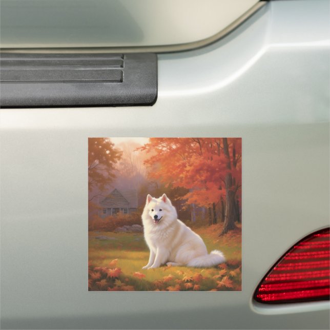 American Eskimo in Autumn Leaves Fall Inspired Car Magnet (In Situ)