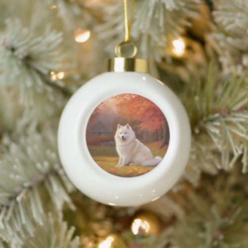 American Eskimo in Autumn Leaves Fall Inspired Ceramic Ball Christmas Ornament